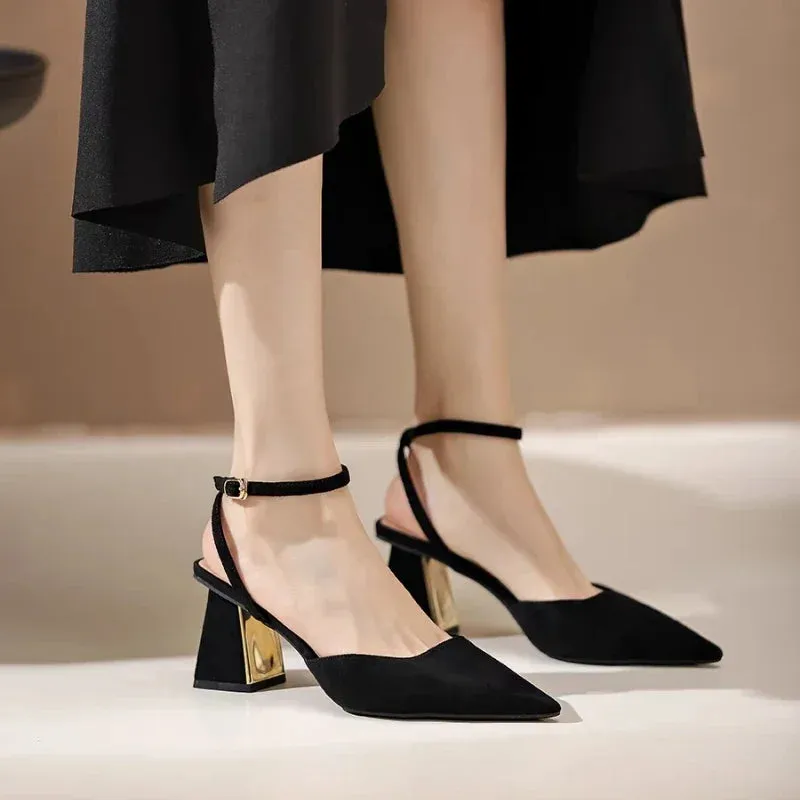 2024 Summer New Pointed Fashion One Line Buckle Style Shallow Mouth Sandals Women's Comfortable Banquet Shoes Women