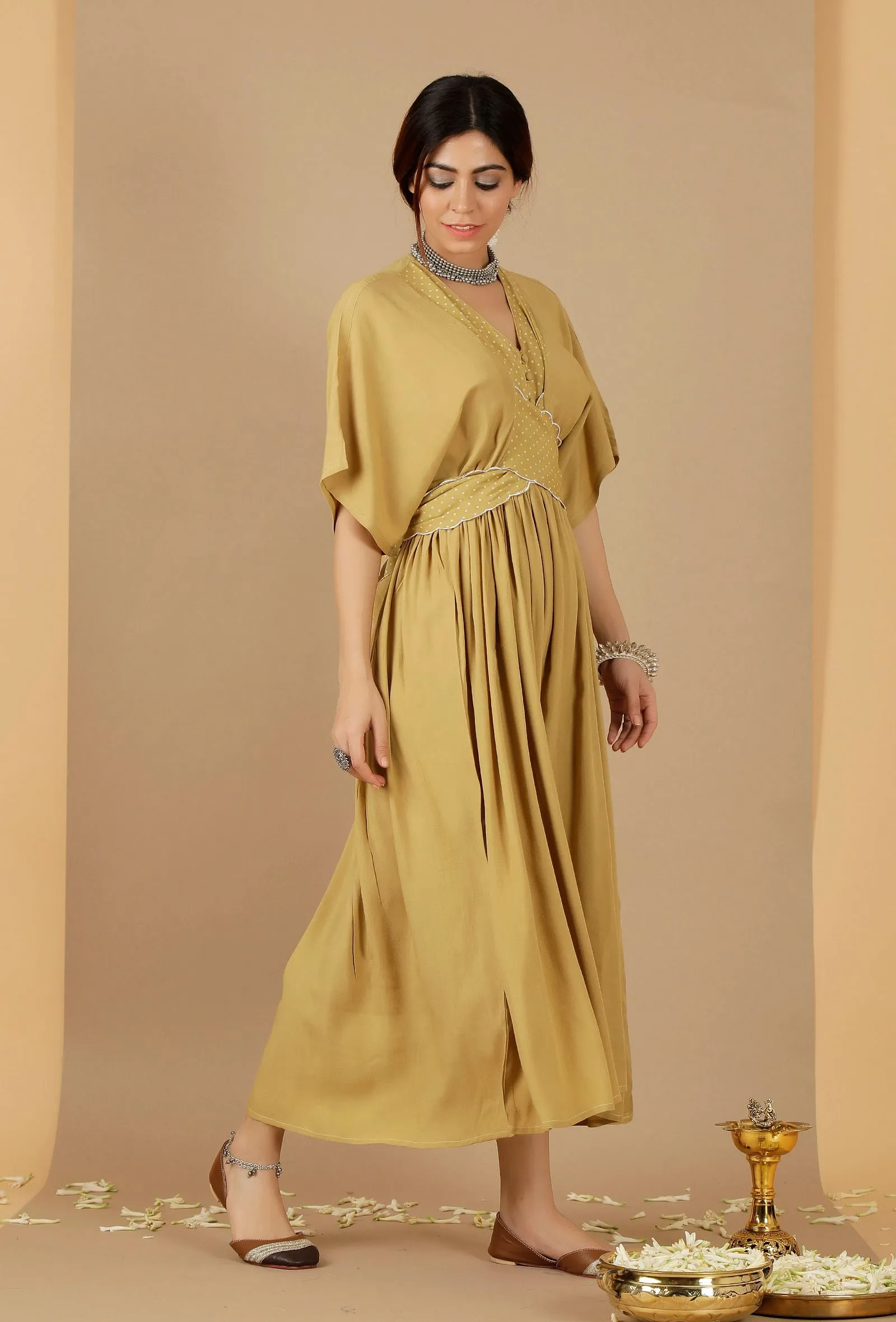 Bandhani Gathered & Flared Dress With Attached Belt