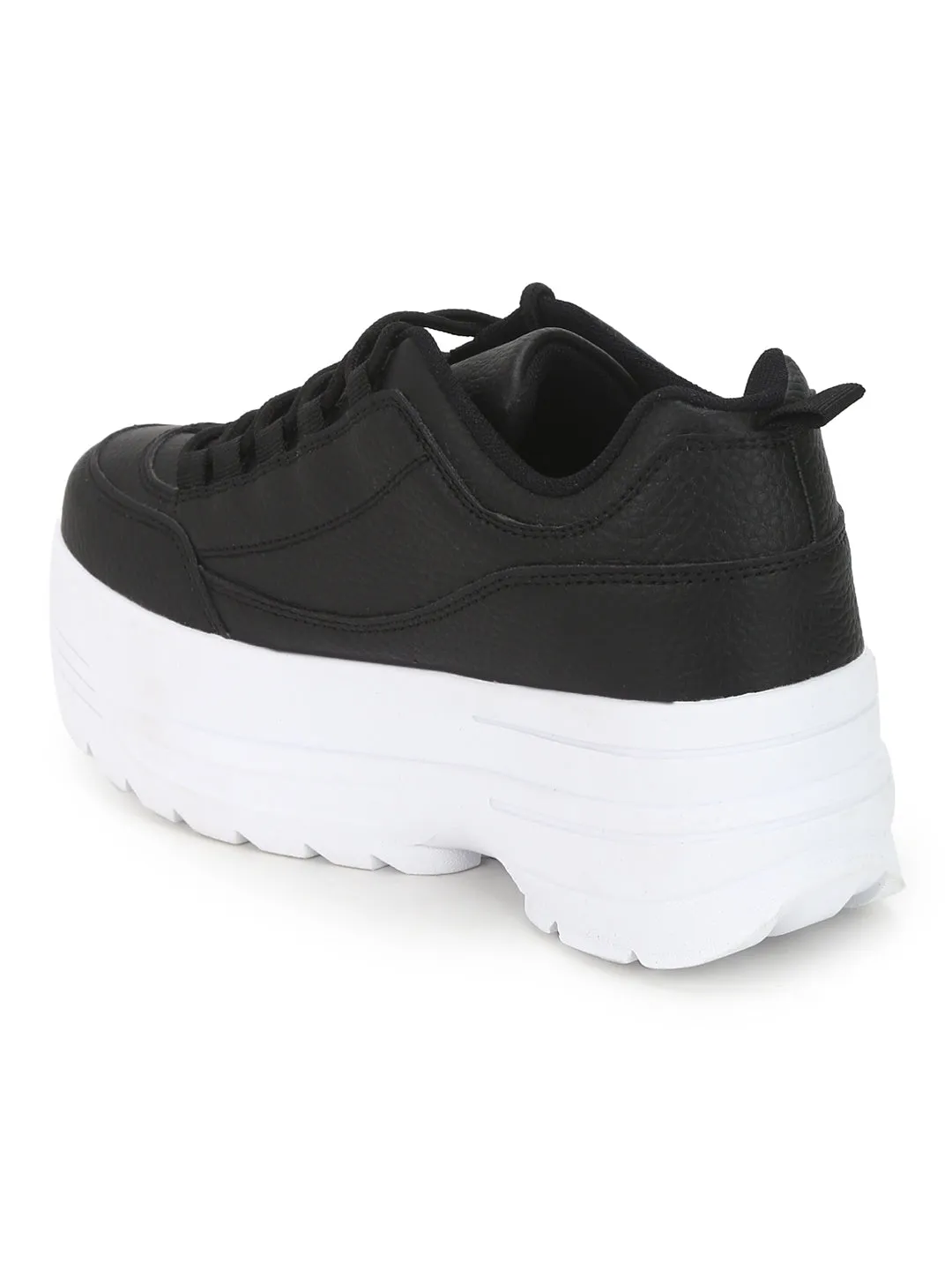 Black PU Cleated Bottom Flatform Lace-Up Sneakers