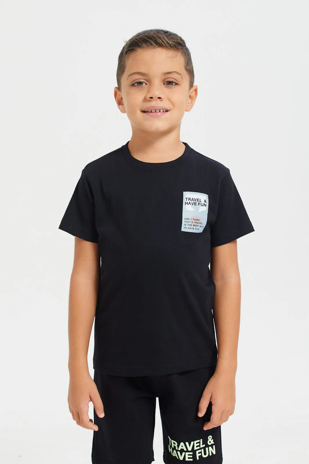 Boys Black Printed Short Sleeves Casual Set (2 Piece)