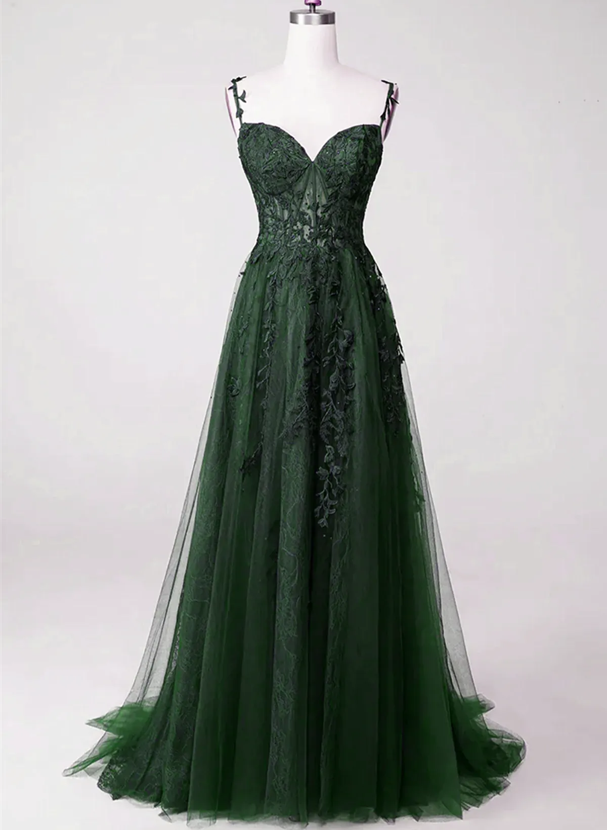 Dark Green Tulle with Lace Beaded Straps Prom Dress, Green Long Formal Dress Party Dress