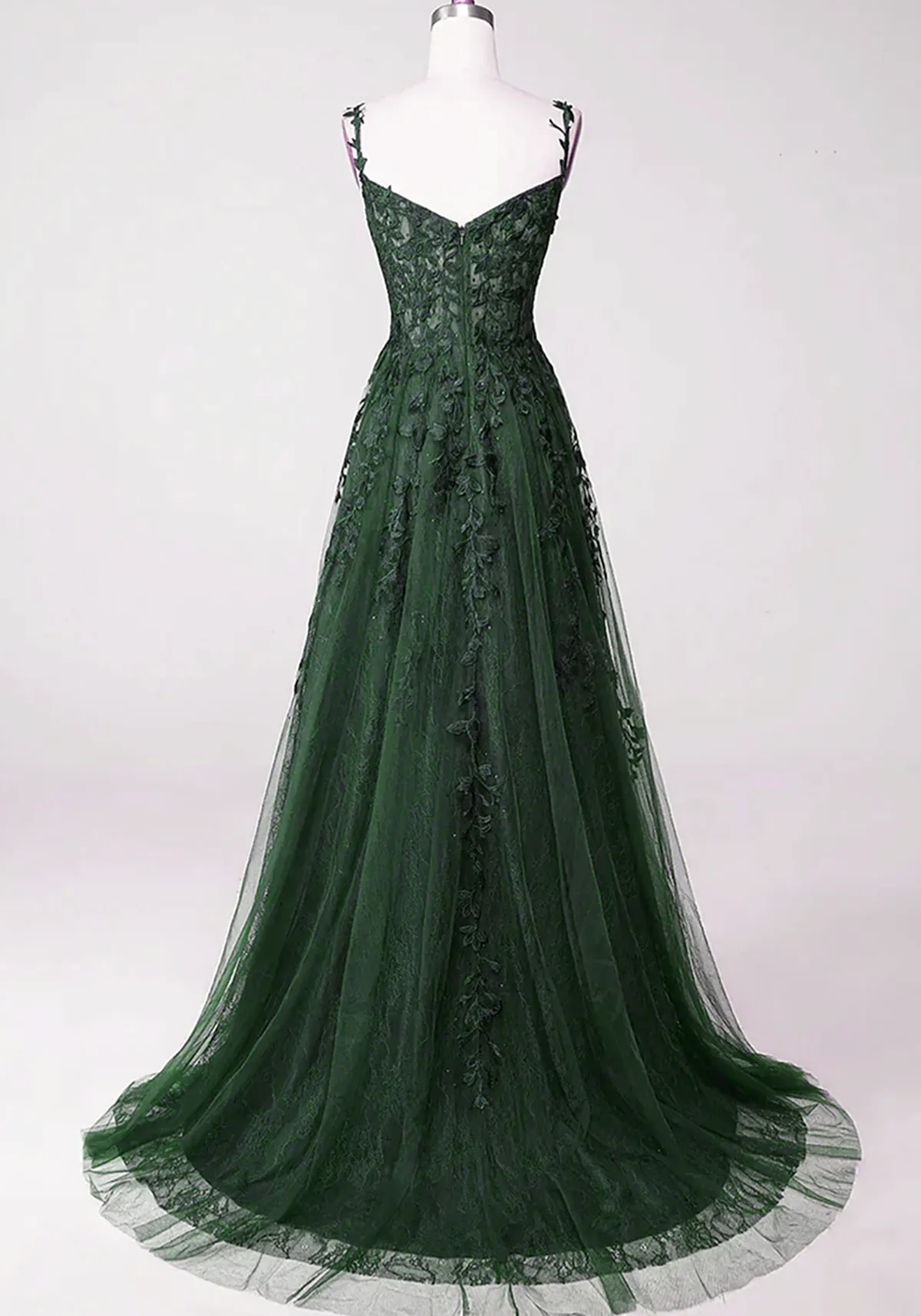 Dark Green Tulle with Lace Beaded Straps Prom Dress, Green Long Formal Dress Party Dress