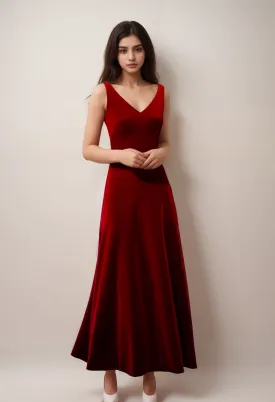 Elegant V-neck low back Sleeveless Hepburn Style long Velvet Dress