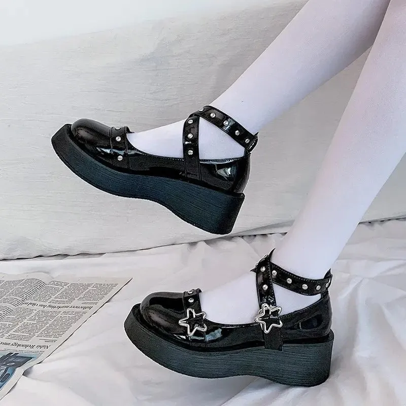 Hnzxzm Shoes Lolita shoes Women heels platform mary janes Star Buckle Strap Mary Janes Women Cross-tied Girls Rivet Casual kawaii shoes