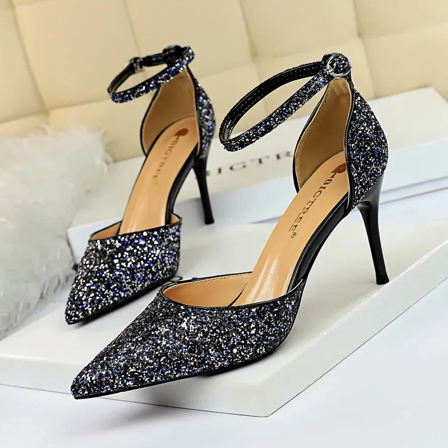 Luxury Sequined Womens Sandals Sexy Pumps 7.5cm 9.5cm Stiletto Heels Wedding Party Shoes Ankle Strap Pointed Toe Summer Sandale Size 35-40