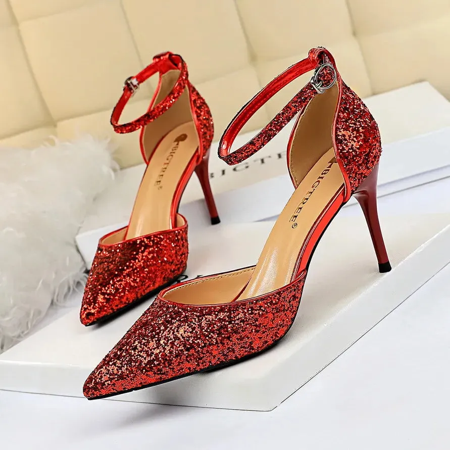 Luxury Sequined Womens Sandals Sexy Pumps 7.5cm 9.5cm Stiletto Heels Wedding Party Shoes Ankle Strap Pointed Toe Summer Sandale Size 35-40