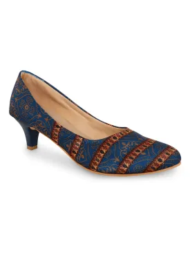 Navy Blue Mughal Kitten Heels Shoes