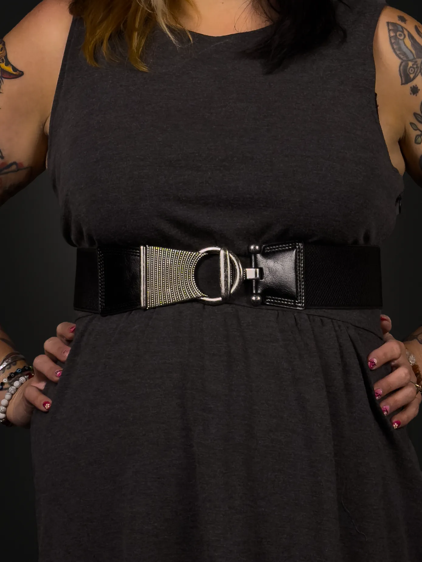 Retro Style Textured Metal Buckle Elastic Band Punk Corset Belt