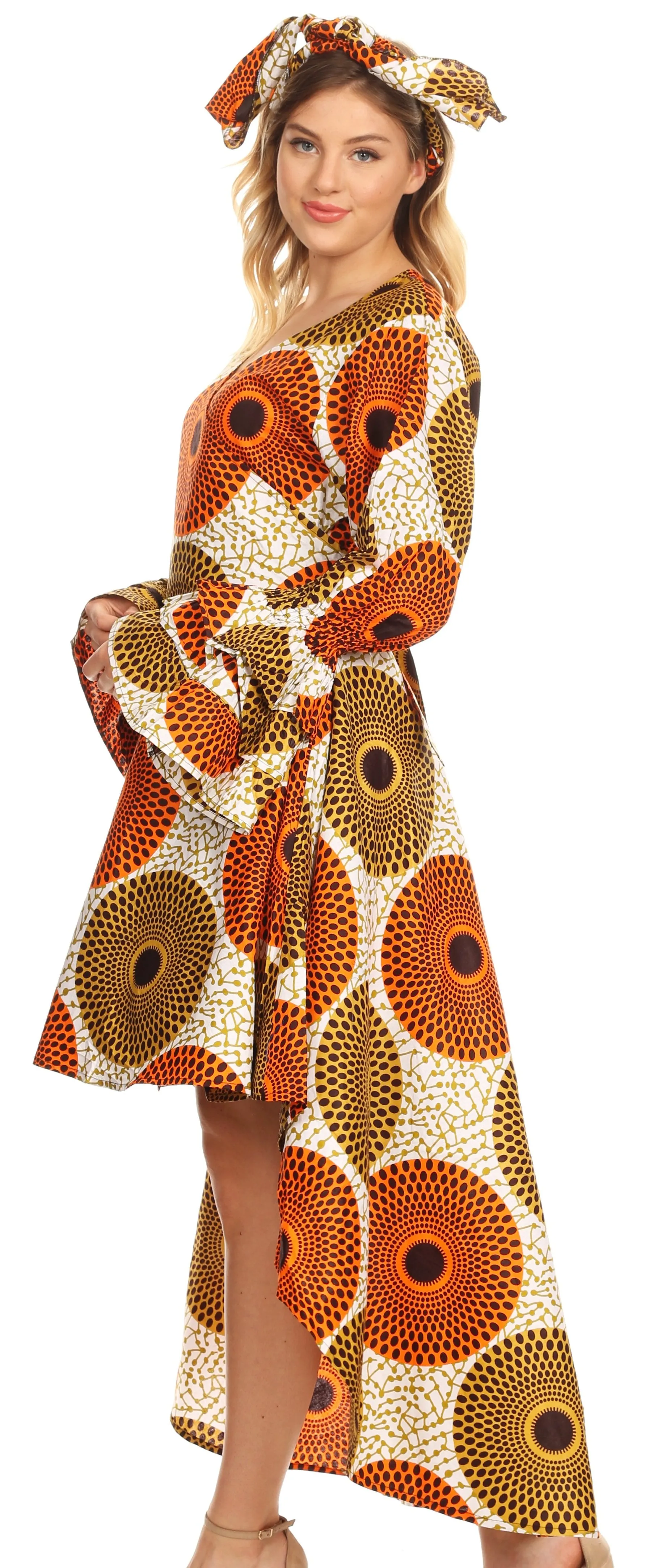 Sakkas Betty Women's Maxi African Ankara Print High-low Wrap Dress Long Sleeve