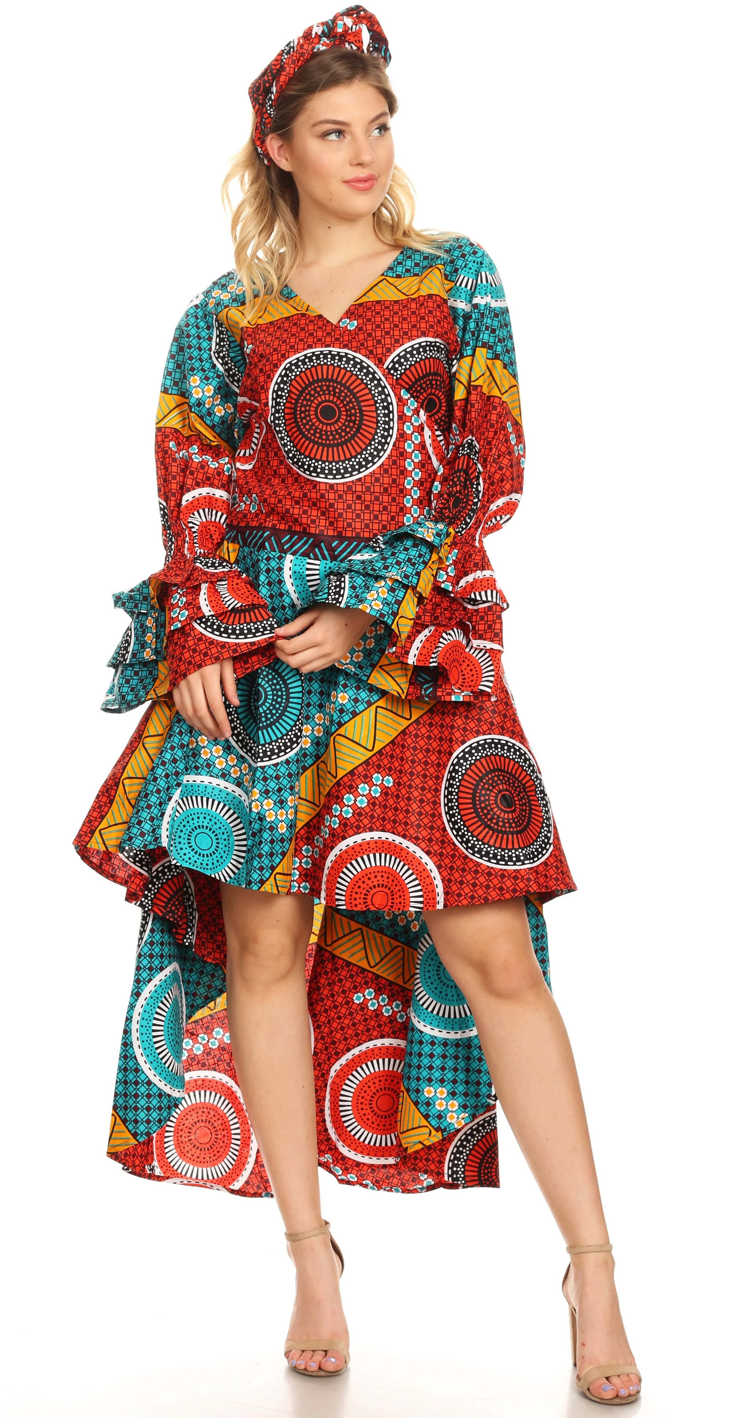 Sakkas Betty Women's Maxi African Ankara Print High-low Wrap Dress Long Sleeve