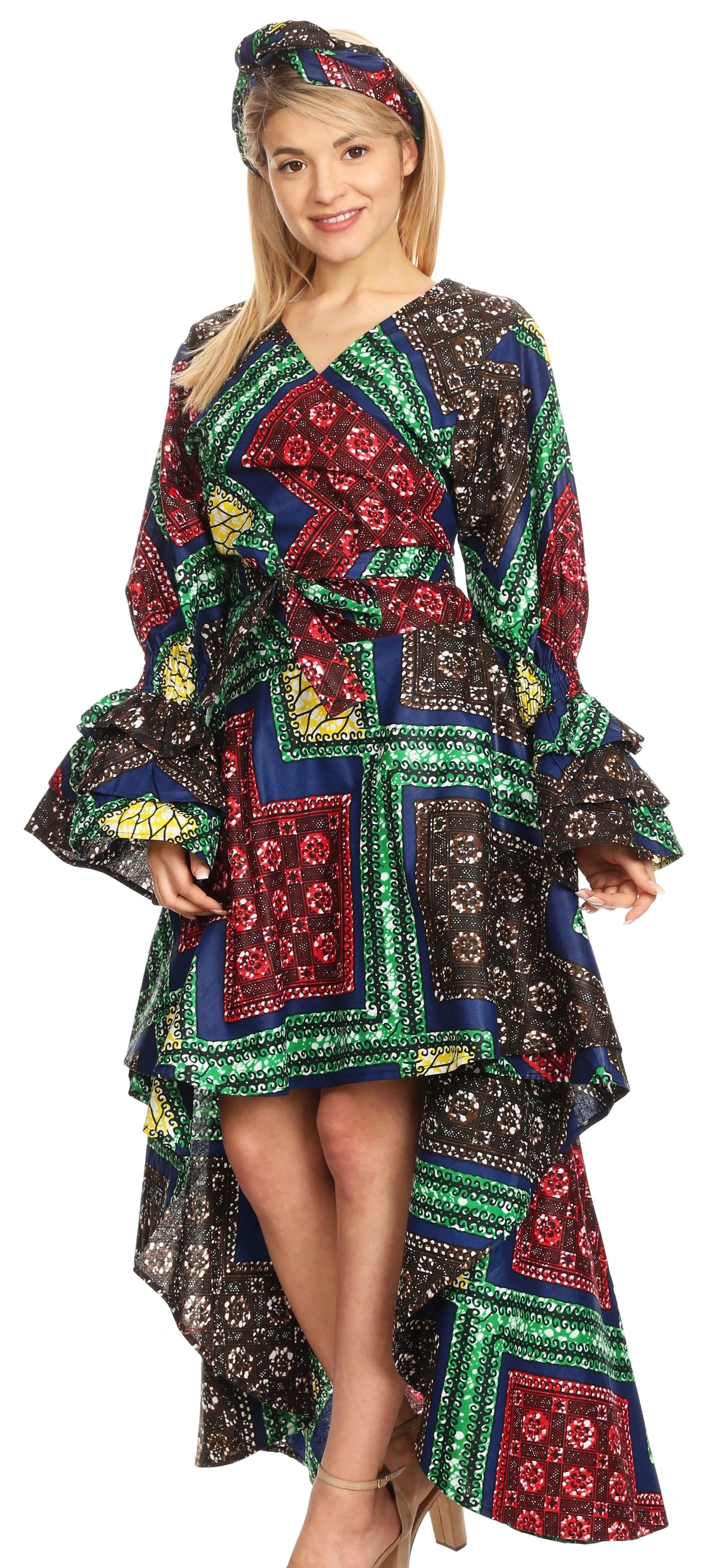 Sakkas Betty Women's Maxi African Ankara Print High-low Wrap Dress Long Sleeve