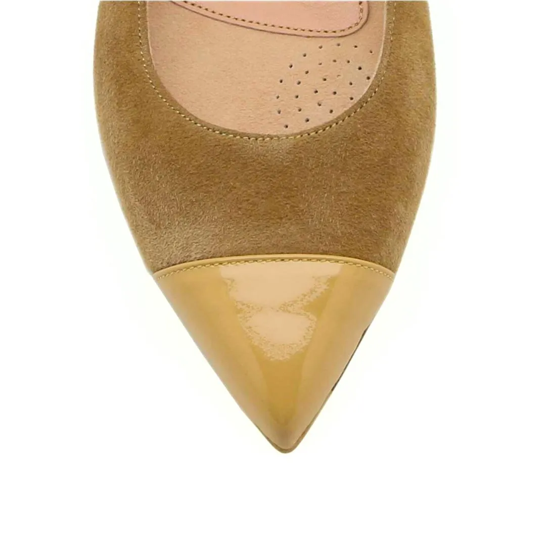 Tenacious Tan Suede with Desert Dune Patent Leather Cap Toe Flat