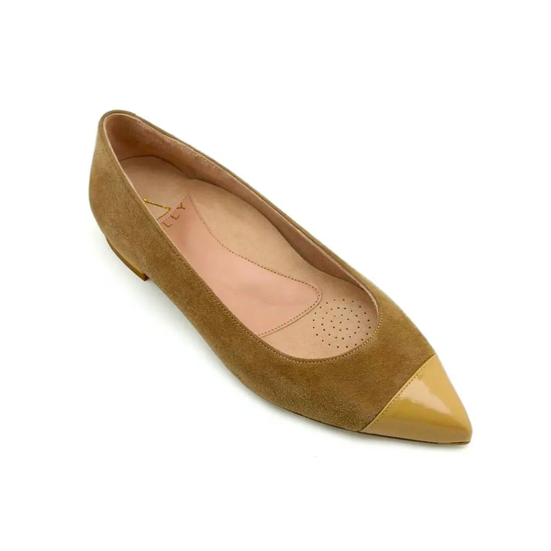 Tenacious Tan Suede with Desert Dune Patent Leather Cap Toe Flat