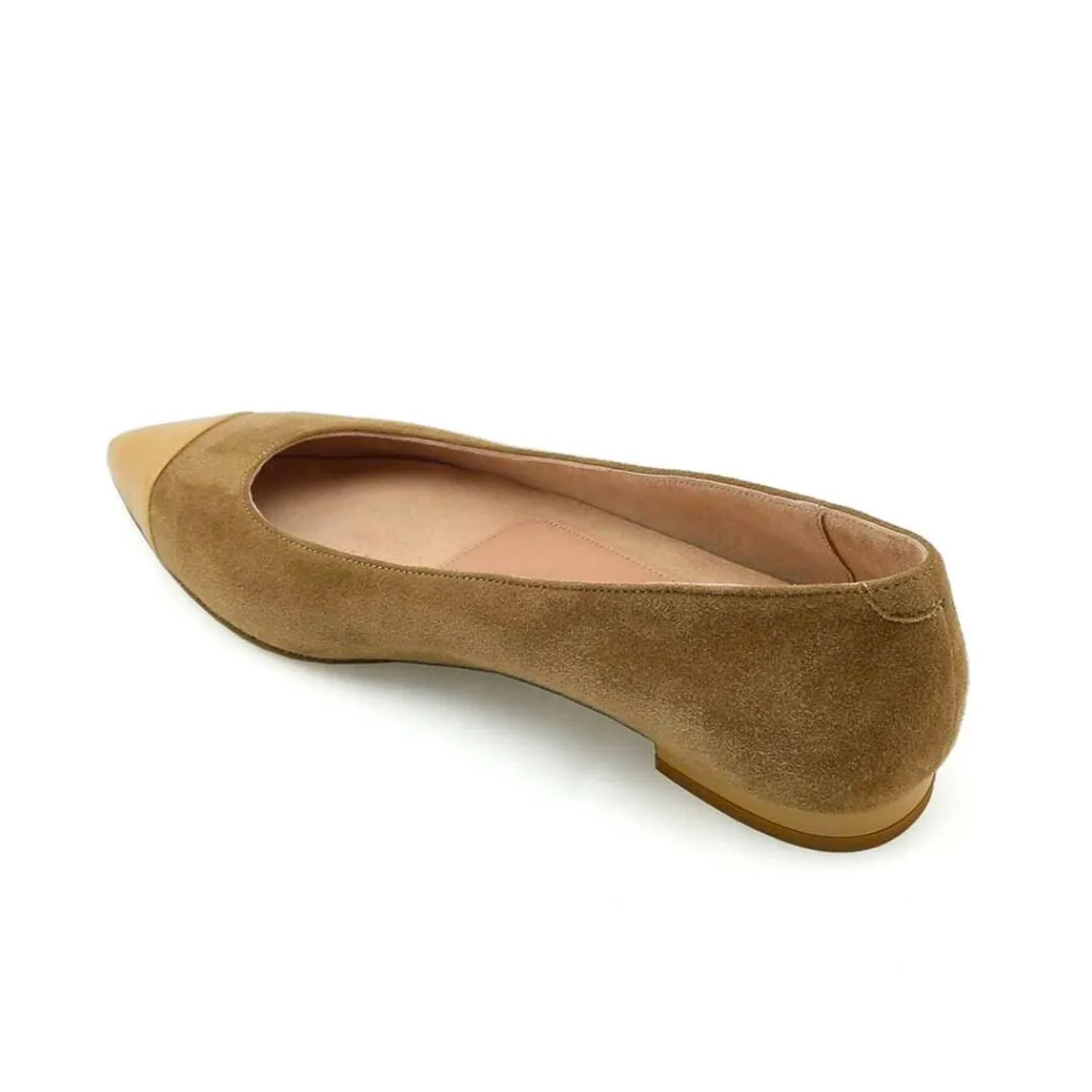 Tenacious Tan Suede with Desert Dune Patent Leather Cap Toe Flat