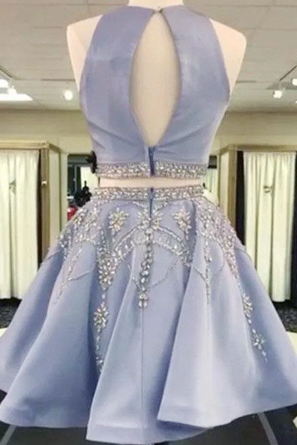 Two Piece Round Neck Light Sky Blue Beaded Satin Homecoming Dress PG188